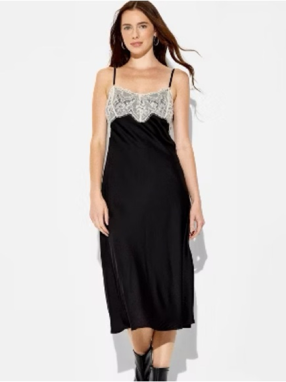 NWT Lace-Trim Black Satin Dress with Ivory Lace